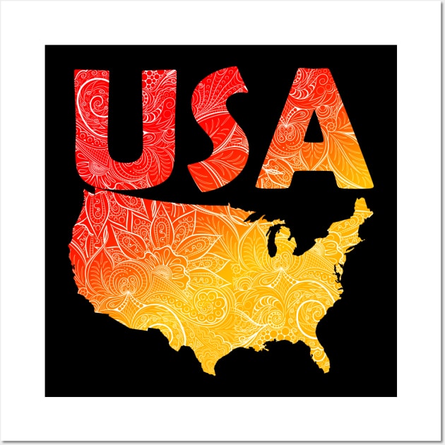 Colorful mandala art map of the United States of America with text in red and orange Wall Art by Happy Citizen